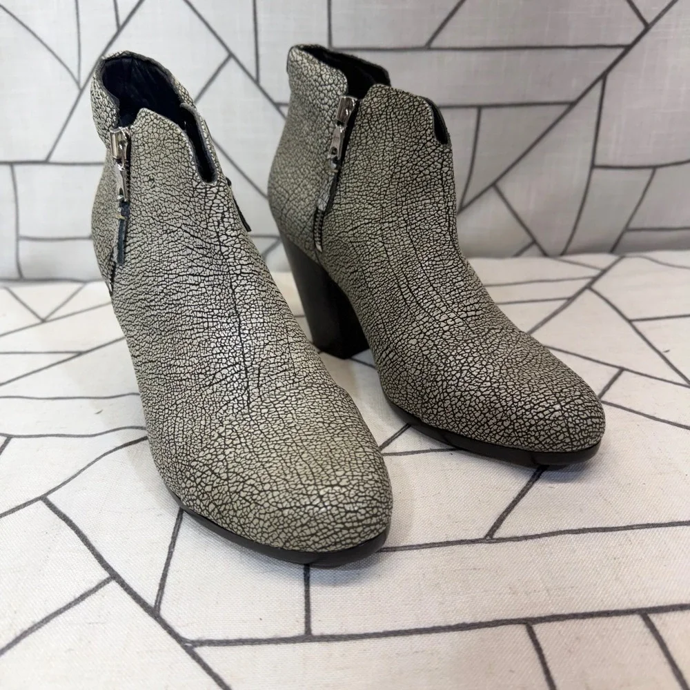Rag & Bone Newbury Ankle Boots 39.5 Grey Black Crackle Leather Block Heel Zips